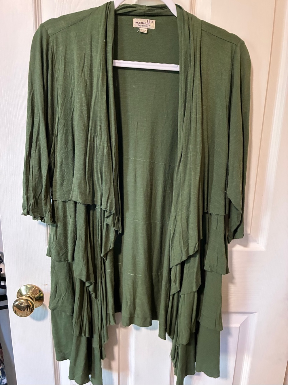 ONE WORLD Olive Green Cascading Open-Front Cardigan